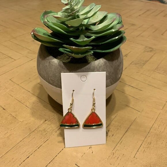 Watermelon Drop Earrings Gold Red Pink Green - Picture 4 of 8